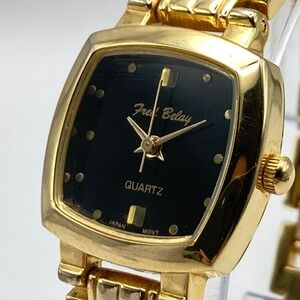 Vtg Fred Belay Women's Watch 23mm Gold Tone Square Black Dial New Battery 6.75"